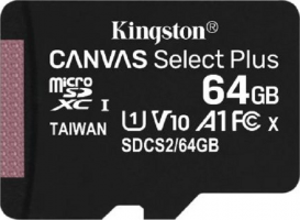 KINGSTON 64GB microSDHC CANVAS Plus paměť Card 100MB read - UHS-I class 10 Gen 3 - bez adaptéru